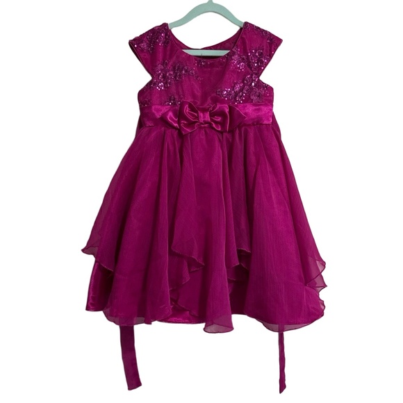 Jona Michelle Dress Girls 5 Fuchsia Sleeveless Bow Sequins Party - Picture 1 of 6